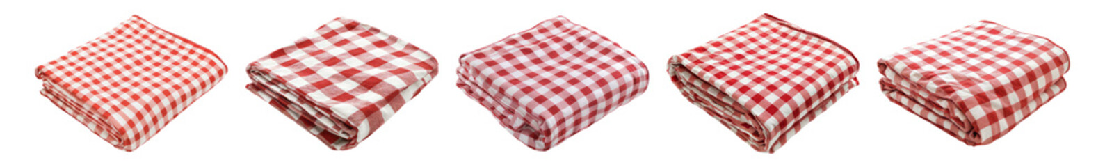 Red and White Checkered Tablecloths Folded in Various Positions, Isolated on Transparent, white background