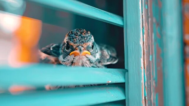 A curious fledgling bird with soft down peeks from vibrant teal louvered window shutters, its tiny beak open, capturing a tender moment of new life and innocent discovery