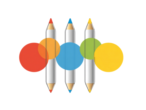 Overlapping Circles with Red Yellow and Blue Hue with Three Grey Pencils in a Transparent Background, PNG