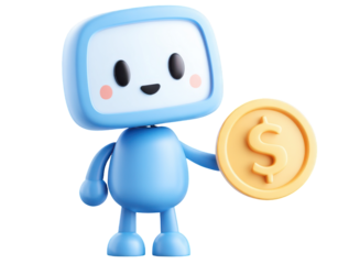 FinTech Mascot with a Coin: A cheerful robotic mascot, symbolizing the future of finance, holds a glistening gold coin, illustrating concepts of wealth and financial innovation. 