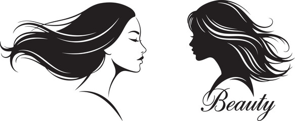 Elegant Black and White Stylized Profiles of Women with Wavy Hair