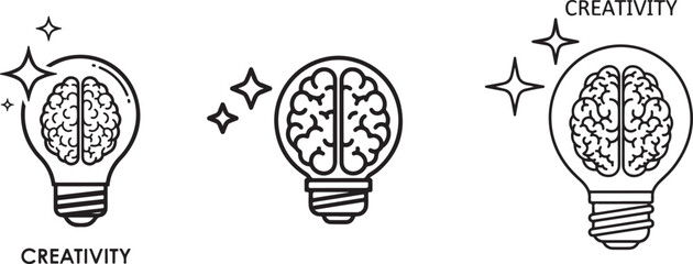 Minimalist Line Art Icons: Brains inside Light Bulbs with Sparkles