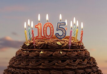 Chocolate Birthday Cake with Lit Candles Spelling Out 105 Against a Soft Sky.