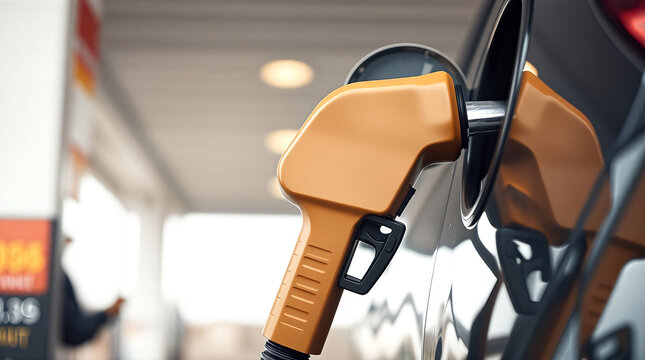 A close-up shot of a gas pump nozzle filling a car's fuel tank, highlighting the process of refueling and energy consumption at a gas station.