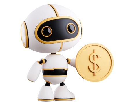 Futuristic Finance Friend: A friendly robot, rendered in sleek white and gold, holding a gleaming gold coin with a dollar sign, it's a visual metaphor for finance.