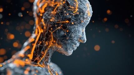 A futuristic, abstract representation of a human silhouette composed of interconnected lines and glowing nodes, suggesting technology and innovation.