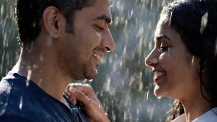 romantic couple enjoying refreshing rain together smiling happily