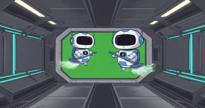 cartoon robots with jetpacks fly in a spaceship corridor.