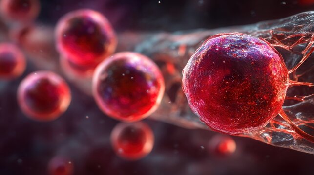 A vibrant close-up of red cells flowing through a vessel, showcasing intricate details and a dynamic sense of movement. - Powered by Adobe