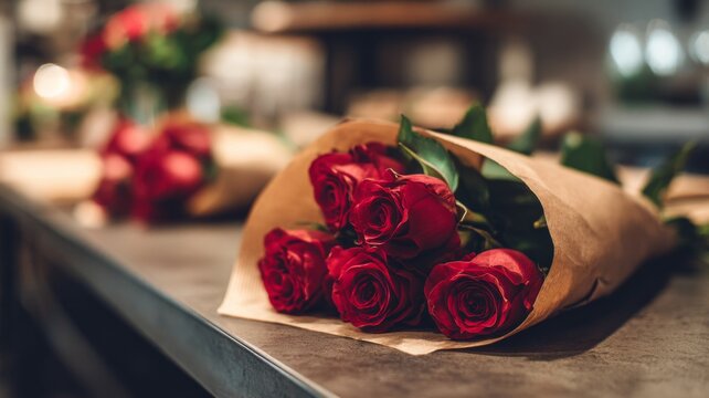 Romantic bouquet of vibrant red roses wrapped in rustic craft paper lying on a flower shop counter for valentine’s day celebration and love gift concept