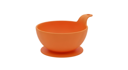 Orange baby bowl with suction base isolated on transparent background, designed for easy feeding and preventing spills during mealtime
