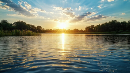 Obraz premium Golden sunlight reflects on tranquil lake, creating serene atmosphere with vibrant clouds