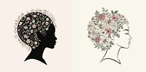 Elegant Female Profiles with Floral Hairstyles, Botanical Art Vector Illustration