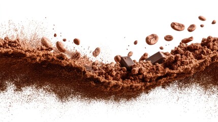 A dynamic arrangement of coffee beans and chocolate pieces creates an energetic and rich visual, highlighting the essence of coffee and chocolate together.
