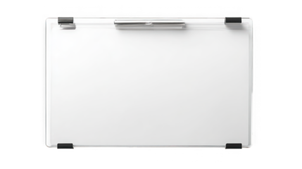 A white board with black corner pieces and a silver pen holder against a black background