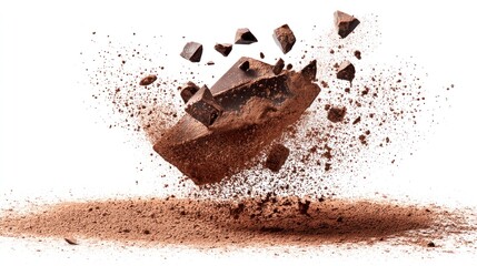 Fototapeta premium A block of chocolate shatters, scattering fragments and cocoa dust against a white backdrop, creating a dynamic and visually appealing image.