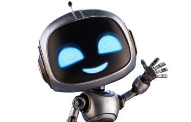 Friendly Robot: A cheerful robot extends a welcoming gesture, with its glowing eyes and antennas conveying warmth and approachability. This image is a perfect visual for technology and innovation. 