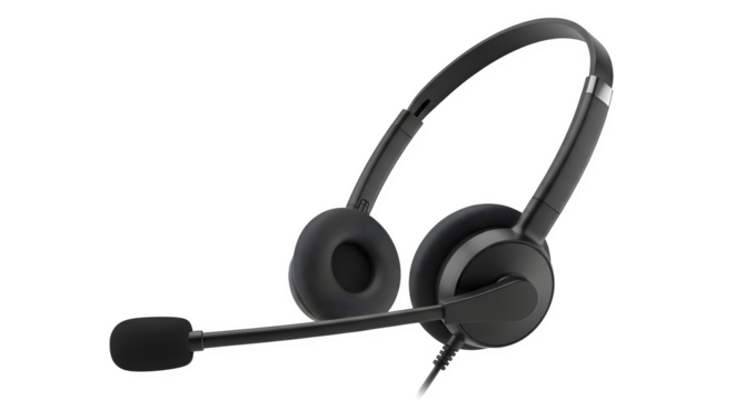 Black wired headset with microphone for communication and audio, isolated on transparent background