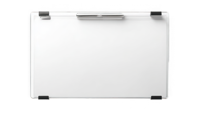 A white board with black corner pieces and a silver pen holder against a black background