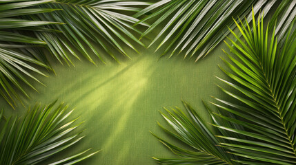 Obraz premium Lush green palm leaves frame serene background, creating warm and natural atmosphere