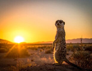An upright, slender mammal stands alert in a desert, silhouetted against a vibrant orange sunset. The sky blends into the landscape