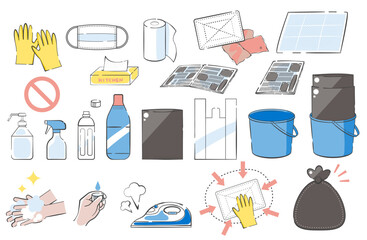 感染性胃腸炎対策に準備しておきたい嘔吐物処理グッズのイラストセット