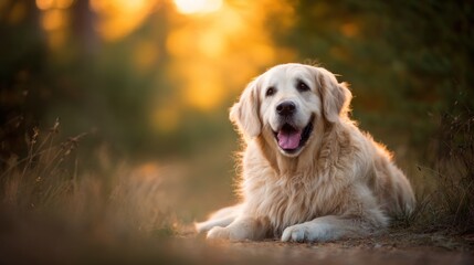 Obraz premium A golden retriever lies on a grassy path, basking in the warm glow of sunset, exuding joy and tranquility.