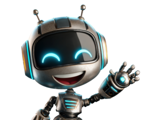 Friendly AI Robot in a Gesture of Greeting: An advanced artificial intelligence android robot, radiates charm with a welcoming wave, personifying technological friendliness and futuristic innovation.