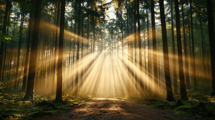 Obraz premium Golden beams of sunlight pierce through tall forest trees, creating serene morning atmosphere