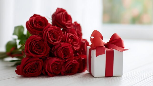 Beautiful romantic bouquet of fresh red roses with a gift box tied with satin red bow on a white table for valentine’s day celebration and love gifting
