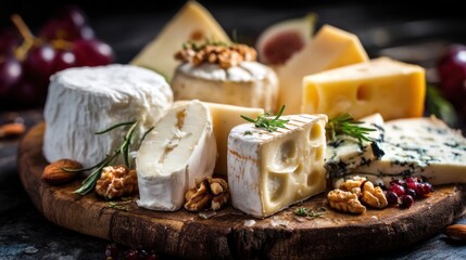 A beautifully arranged cheese platter featuring various types of cheese, garnished with nuts and herbs, perfect for gatherings or gourmet experiences.
