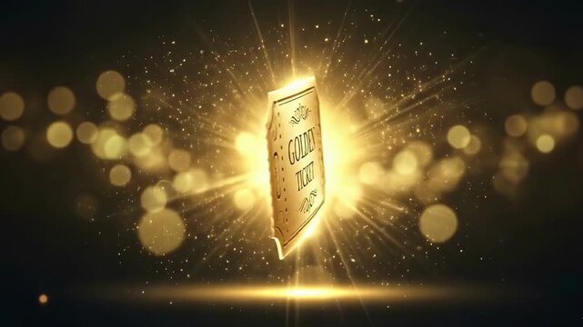 A glowing "GOLDEN TICKET" surrounded by bright, explosive golden light, sparkles, and abstract rings.
