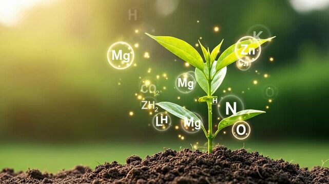 A young plant growing in soil with floating bubbles showing key nutrients (Ca, N, K, Mg, etc.) and water, symbolizing agricultural science.