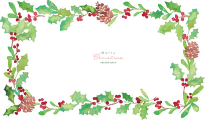 クリスマスのリースフレーム。水彩タッチのクリスマスベクターイラスト。柊とトナカイ。 Christmas wreath frame. Watercolor Christmas illustration. Holly and reindeer. © necomammma