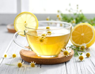Clear glass teacup filled with chamomile tea, lemon slice, and flowers