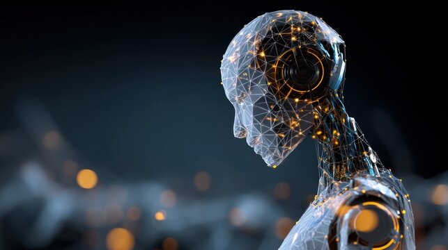 A futuristic, digital humanoid figure with a wireframe structure and glowing elements, symbolizing advanced technology and artificial intelligence.