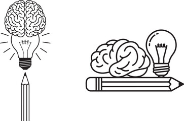 Creative Thinking Brainstorming Process with Light Bulb and Pencil Outline