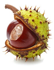 Close-up of a chestnut emerging from a spiky green shell