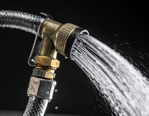 Close-up of a garden hose nozzle spraying water