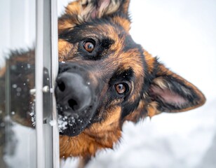 Close-up of a German Shepherd peeking through a door, snowy surroundings