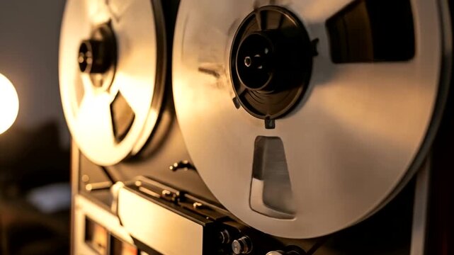 Close-up of vintage reel-to-reel tape recorder with reels spinning in a softly lit room