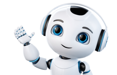 Friendly Robot Avatar: A charming robot avatar, complete with headphones, gestures a warm welcome, symbolizing technology's human-like potential and friendliness.