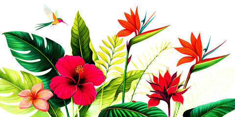 Red and yellow tulips and other floral design with red and green flowers for a beautiful spring bouquet illustration