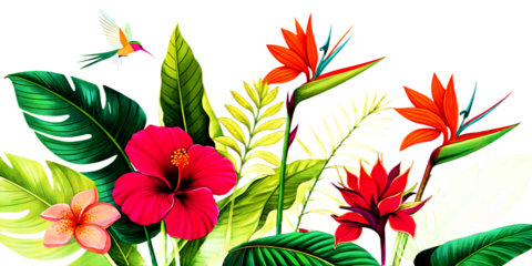 Red and yellow tulips and other floral design with red and green flowers for a beautiful spring bouquet illustration