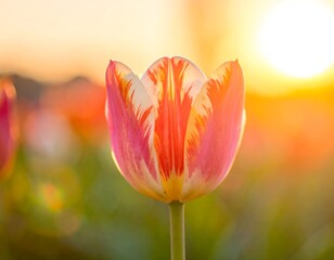 Close-up of a vibrant tulip bathed in warm, golden sunlight