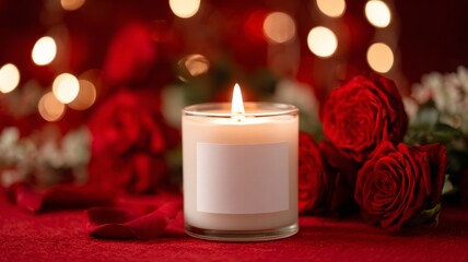 Romantic valentine's day scene with burning candle on white blank label surrounded by red roses and glowing bokeh lights for love and celebration atmosphere
