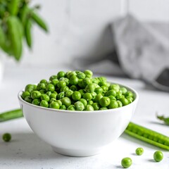 Close-up of bowl overflowing with vibrant green peas