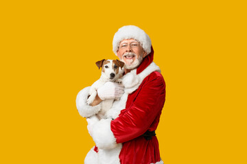 Santa Claus with cute Jack Russell Terrier dog on yellow background