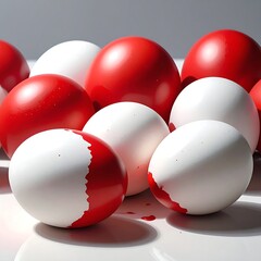 Close-up of glossy red and white spheres, some partly painted