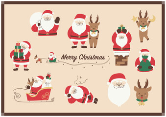 Flat Cute Santa and Reindeer Christmas Illustration Set